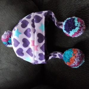 GapKids fleece hat, purple with hearts and stars and poms, size S/M